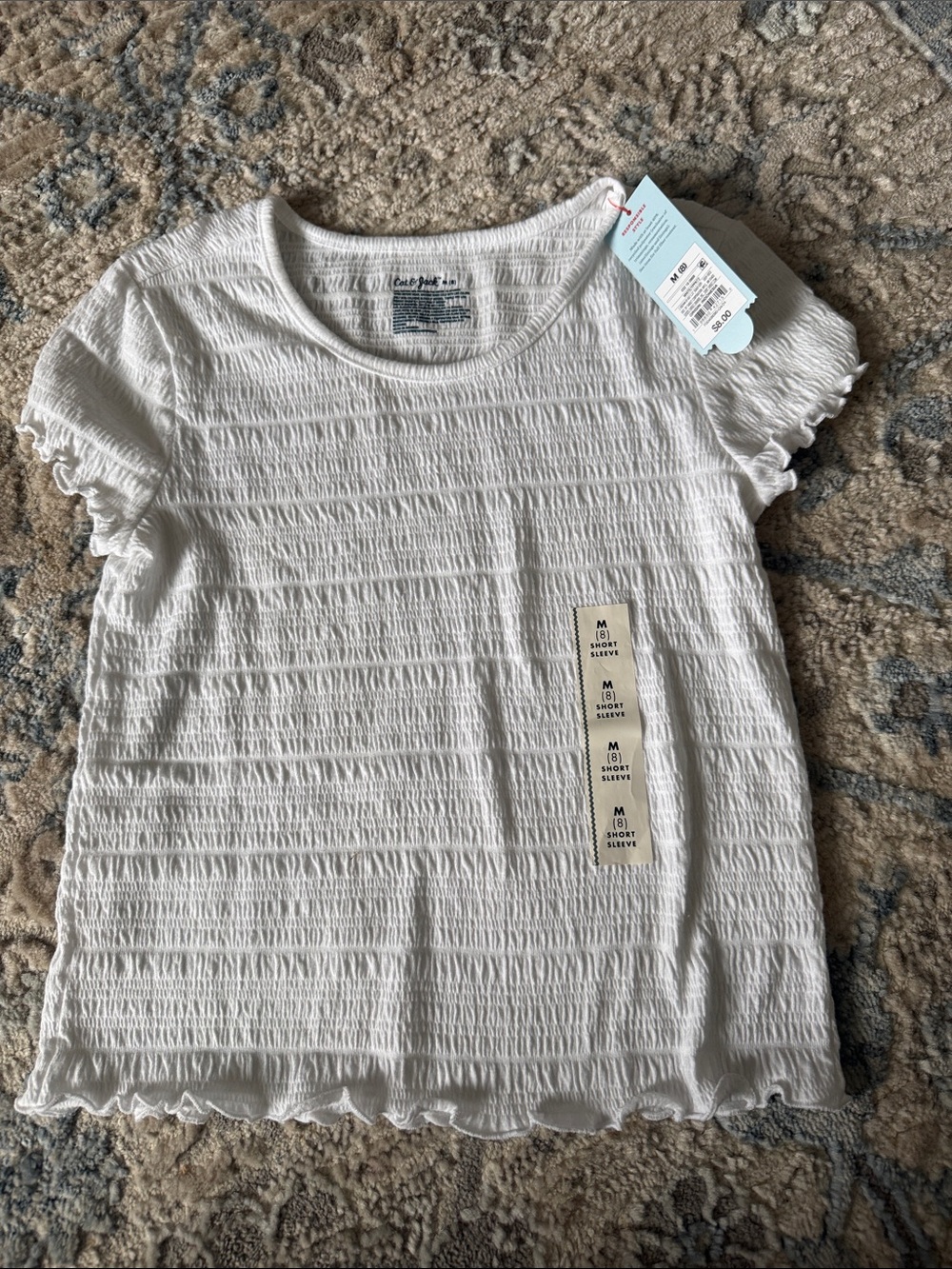 Cat & Jack White Short-Sleeve Smocked Tee with Ruffle Trim